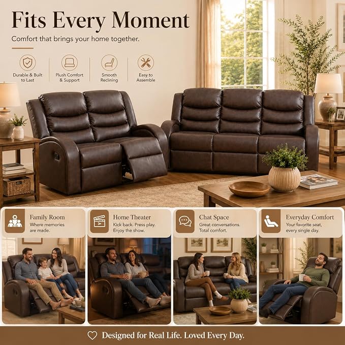 Recliner Sofa Set 2 Piece Living Room Furniture Set Couch Sectional Leather - Image 7