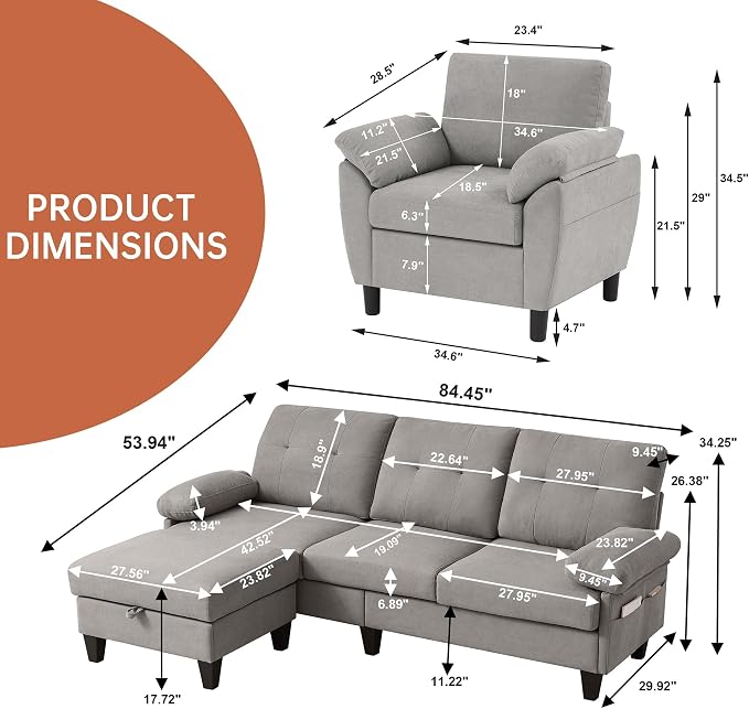 2 Piece Sectional Sofa Set, 3 Seat L Shaped Couches - Image 2
