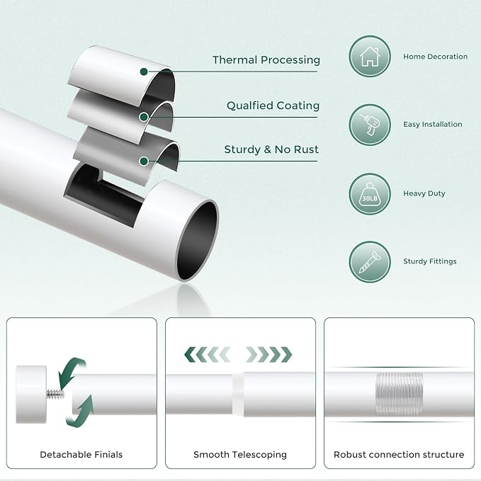 VOIIY White Curtain Rods for Windows 72 to 144 Inch, Size:36-144 Inch - Image 7