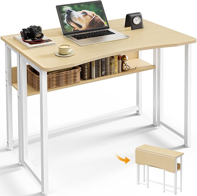 Huuger Folding Desk with Storage Shelf, 31.5 Inch Foldable Computer Table by Huuger