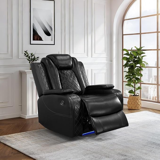 Power Recliner Chair with LED Lights, Leather Manual Recliner 1 Seat, Living - Image 2