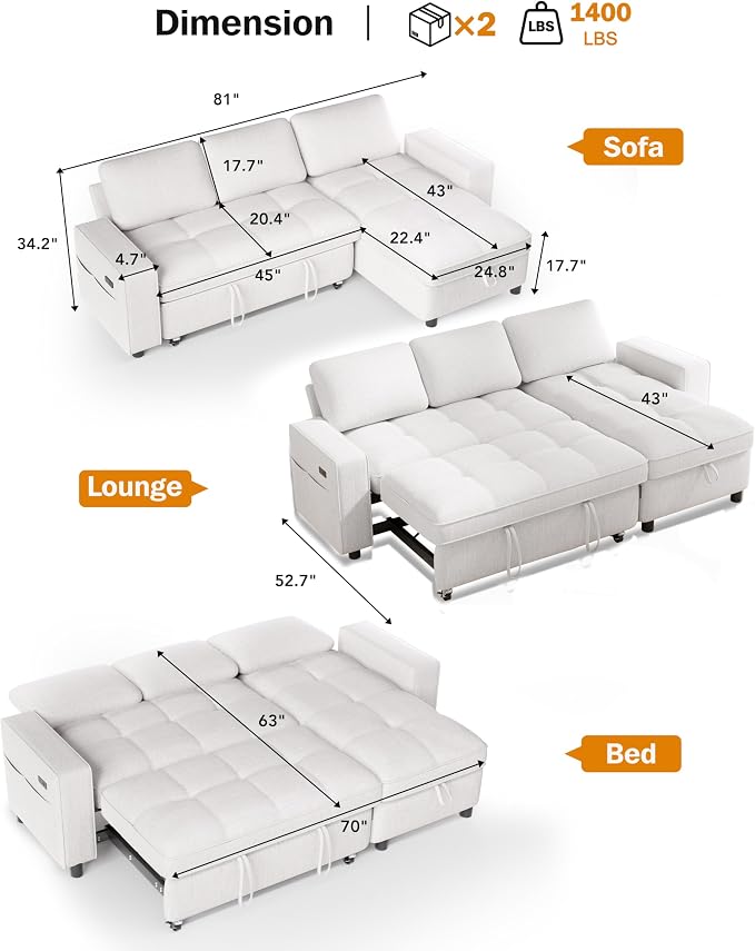 Vipbear 81" Sectional Sleeper Sofa - Image 3