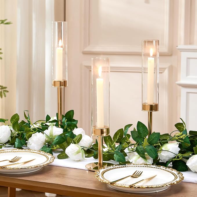 Gold Hurricane Candle Holders Set of 3, Tall Metal & Windproof Glass Taper - Image 6