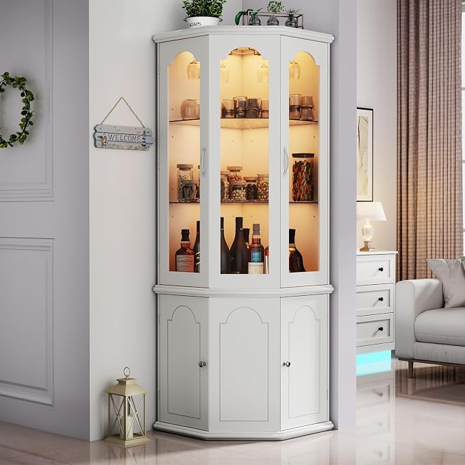 Gyfimoie Corner Bar Cabinet w/LED Lights, Tall Modern Wine Cabinet - Image 4