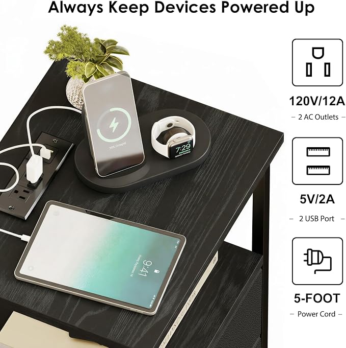 Fixwal Black Night Stand with Charger Station, Nightstand with Charging Station - Image 4