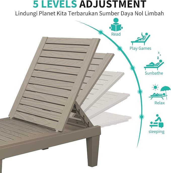 Outdoor Lounge Chair Set of 6, 5-Positions Adjustable Patio Chaise Lounges - Image 3