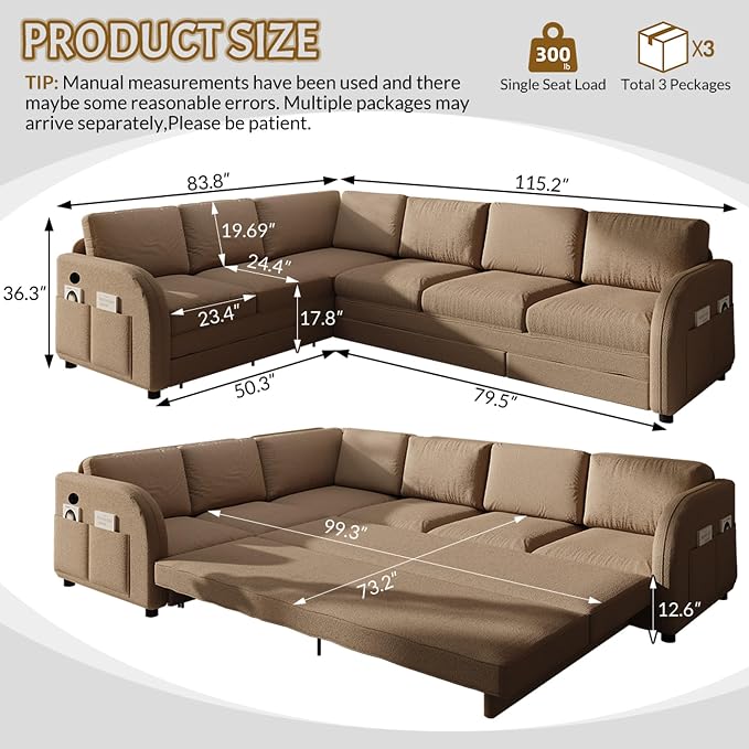 King Size Sleeper Sofas Convertible Couches, Oversized 6-Seat Sectional Sofa - Image 3