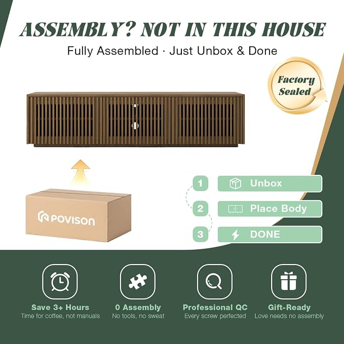 POVISON Full Assembled Mid Century Modern TV Stand, Wood Slatted Media Console - Image 6