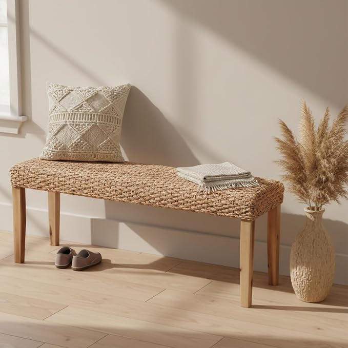 Indoor Bench Wicker for Entryway Bench, Wood Bench for Living Room Dining Bench by AVCONNECT