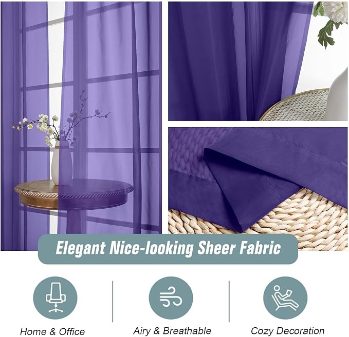 Purple Sheer Curtains 90 Inches Long 2 Panels, Light Filtering Solid Sheer - Image 4