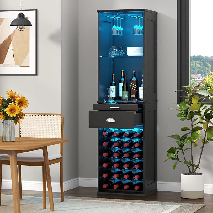 Loomie Wine Bar Cabinet with LED Lights, Freestanding Liquor Cabinet with Tray - Image 3