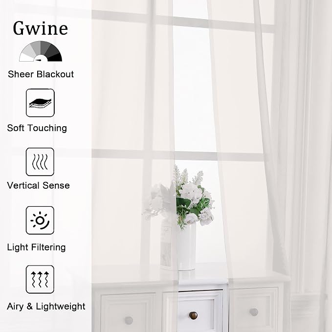 Gwine Ivory Sheer Curtains for Living Room 45 inches Long, Short Voile Light - Image 2