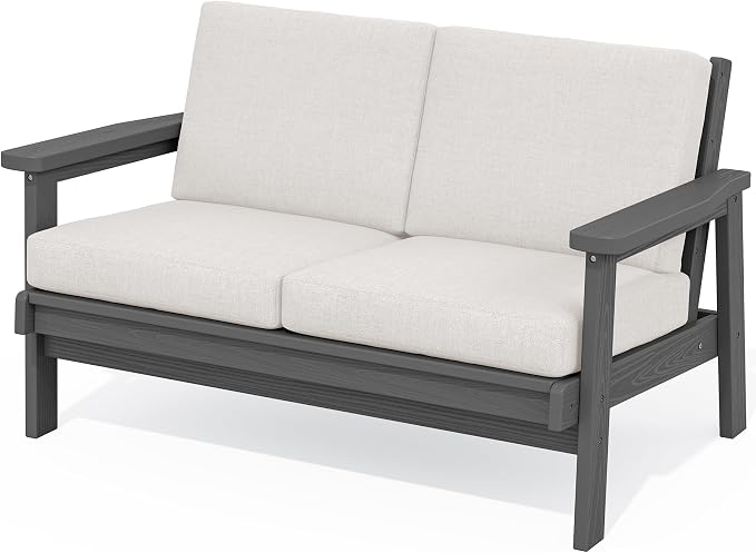 SERWALL HDPE Outdoor Patio Loveseat, All Weather Wood-Like Outdoor Sofa HDPE by SERWALL