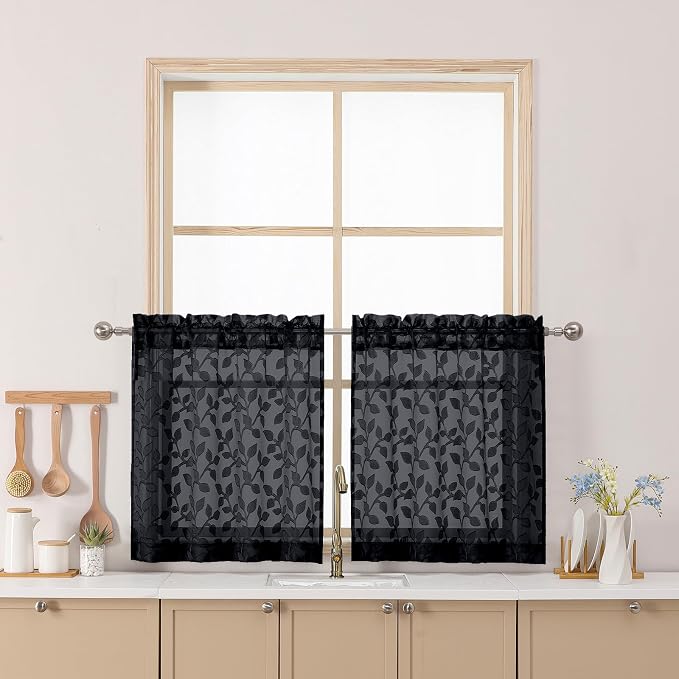 Chyhomenyc Black Sheer Curtains 24 Inch Length, Light Filtering Leaf Tufted by Chyhomenyc