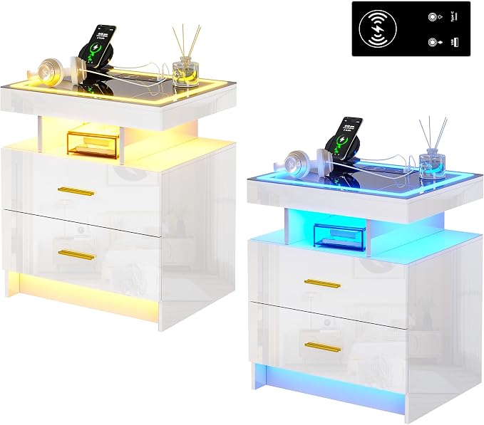 HNEBC Auto LED Nightstand Set of 2, High Gloss Bedside Table has 2 Drawers by HNEBC