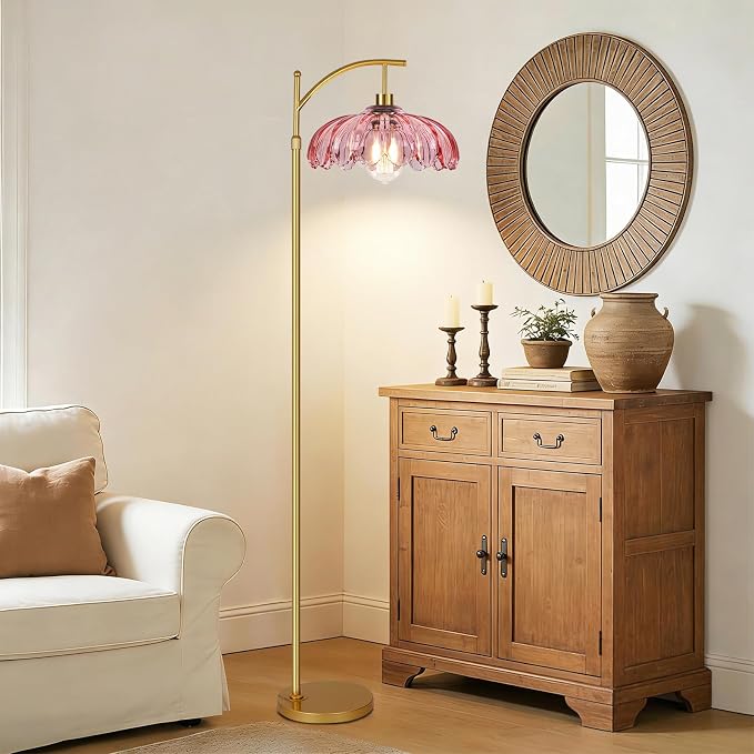 QIYIZM Pink Floor Lamp for Living Room, Mid Century Modern Brass Tall Lamp Boho - Image 8