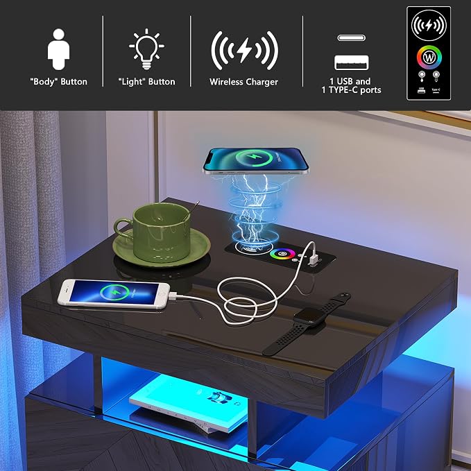 HNEBC Auto LED Nightstand with Wireless Charging Station & USB Ports, High - Image 11