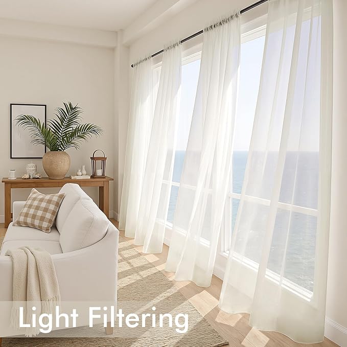 MIULEE Ivory Sheer Curtains 63 Inches Long, 4 Panels Set, Light Filtering Rod - Image 4