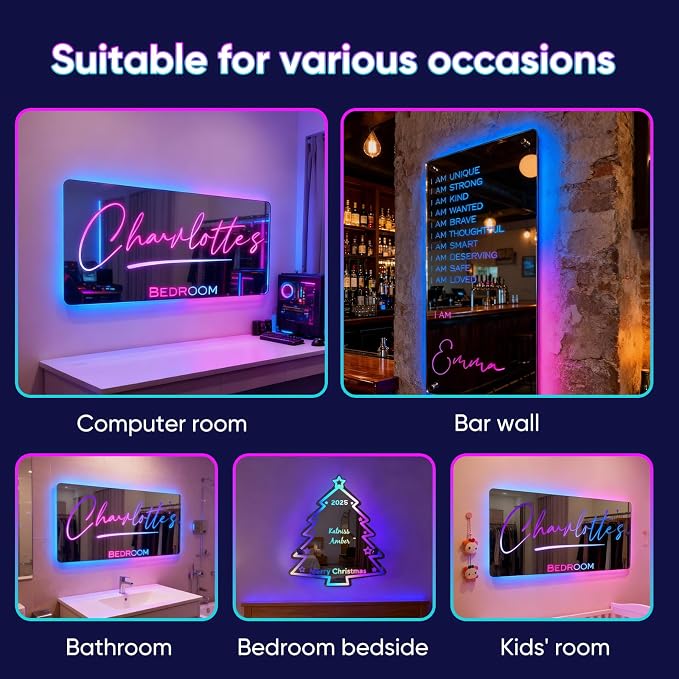VEELU Personalized Name Mirror Light Up LED Wall Decoration - Image 4