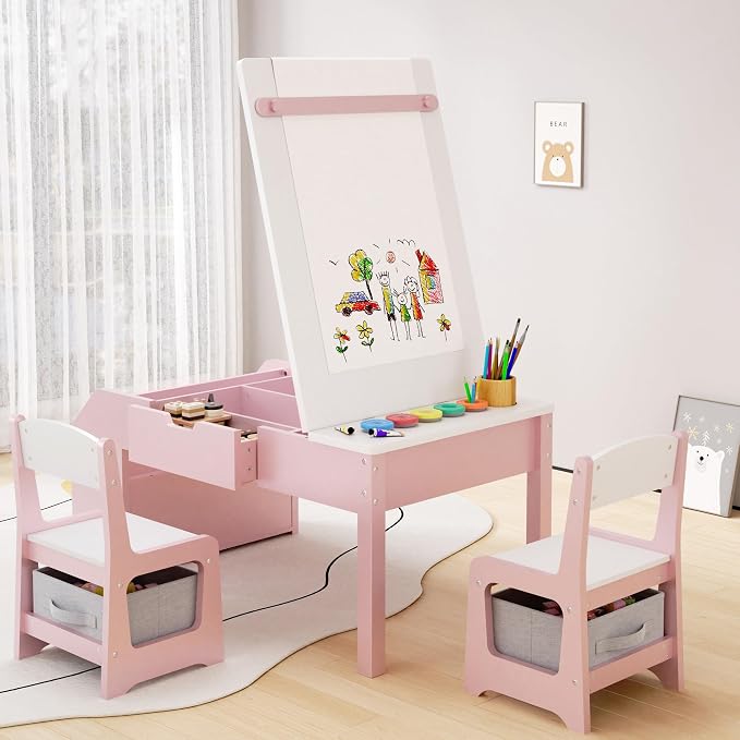 5-in-1 Kids Art Table and Chairs, Wood Toddler Table and Chair Set - Image 2
