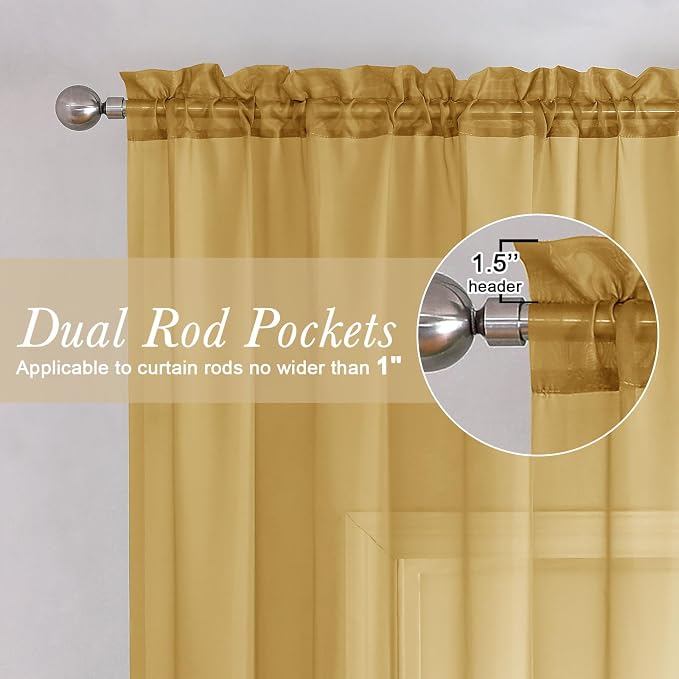 Lecloud Gold Sheer Curtains 63 Inch Length 2 Panels, Rod Pockets Window - Image 3