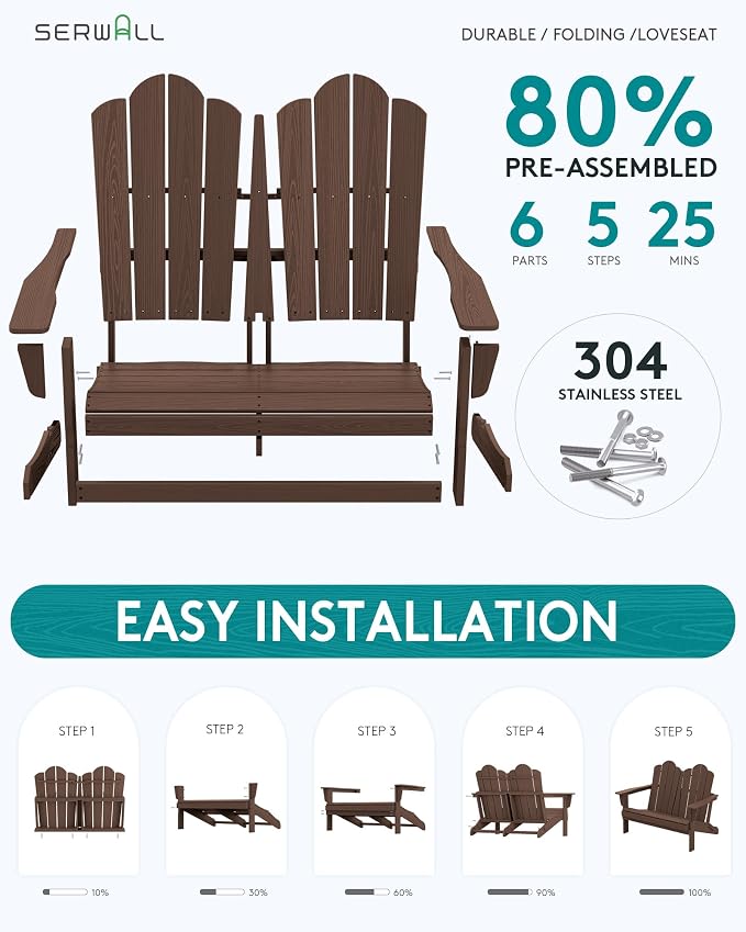 SERWALL Folding Adirondack Bench, HDPE All-Weather Adirondack Loveseat - Image 9