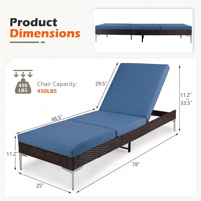 HOMREST Outdoor Chaise Lounge Chair Set of 2, Patio Wicker Lounge Chairs - Image 2