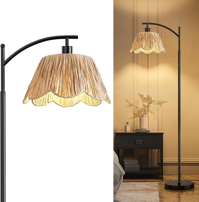 Oneach Arc Floor Lamp for Living Room, Rattan Boho Floor Lamp by Oneach