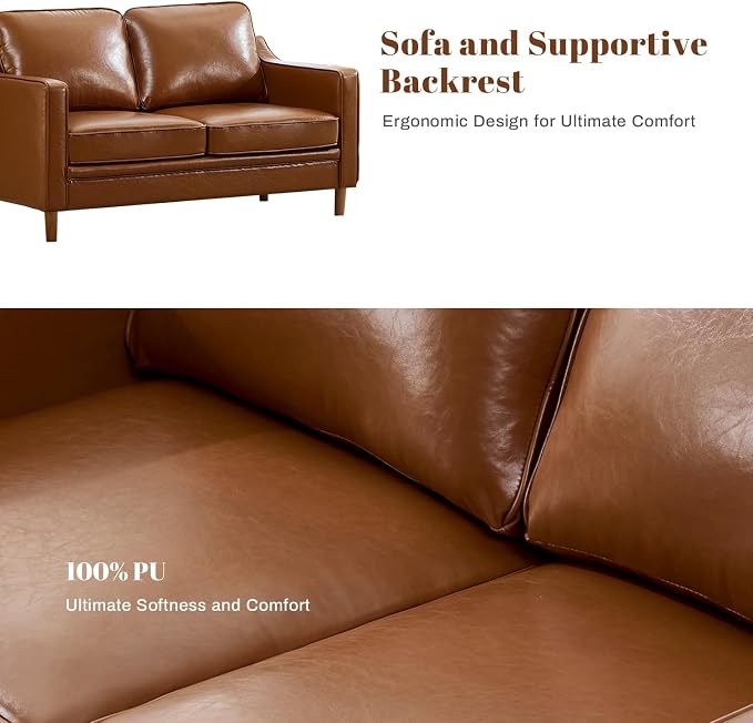 Kingfun 56" Faux Leather Sofa, Loveseat Couch, Mid Century Modern Love Seat - Image 7