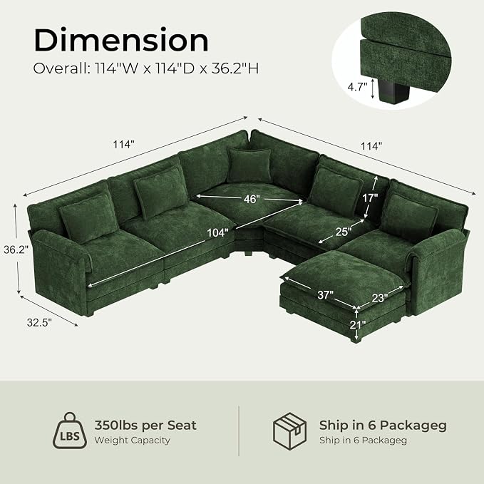 ELUCHANG 114" Oversized V-Shaped Cloud Couch Modular Sectional Sofa - Image 2