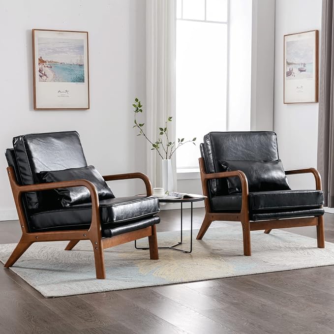 Mid Century Modern Accent Chairs Set of 2 Living Room- Comfy Wood Arm Chair by Deolme
