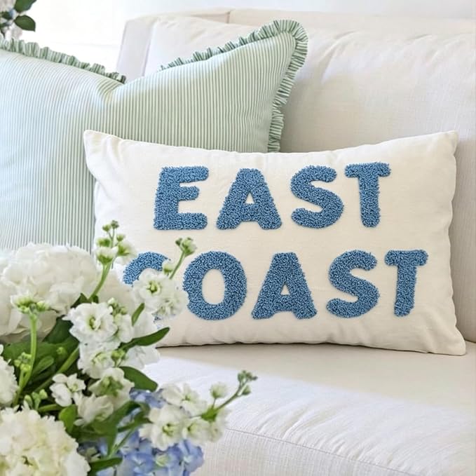 Blue Coastal Tufted Embroidery Throw Pillow Cover 12x20, Coastal Room Decor - Image 2