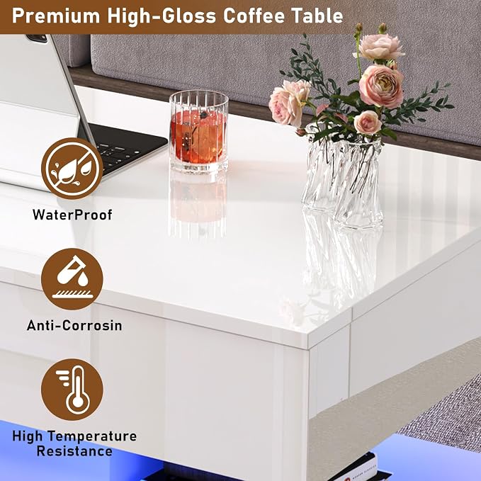 39.4" Large Lift Top Coffee Table, Modern High Glossy LED Coffee Tables - Image 8