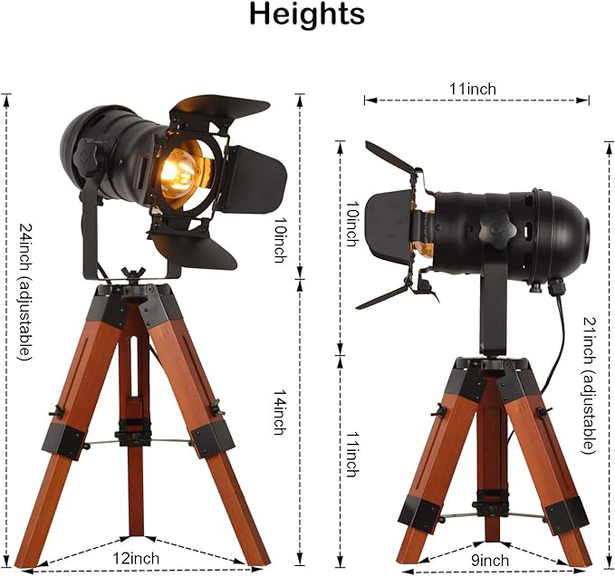 Decoluce Industrial Tripod Floor Table Lamp Vintage Wood Cinema Searchlight - Image 3