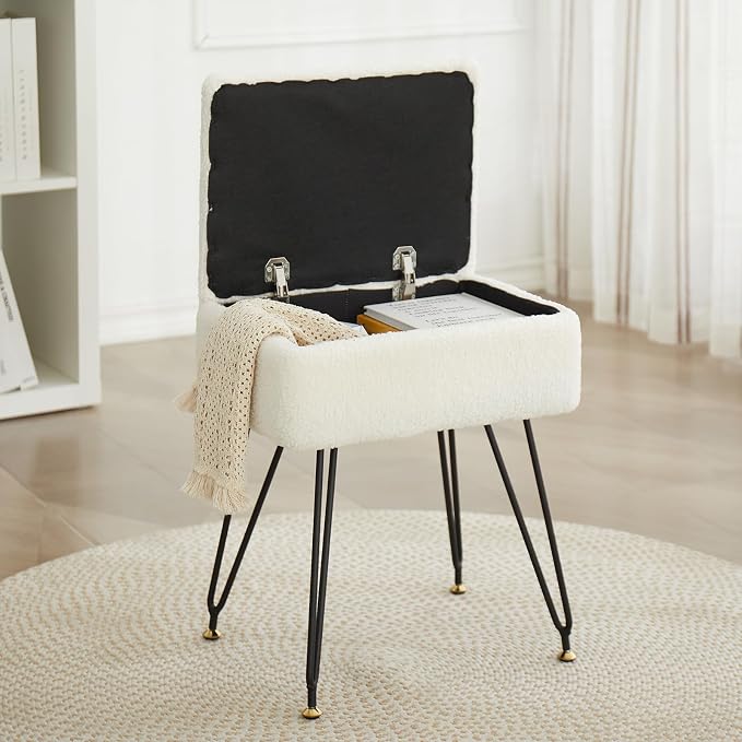 Vanity Stool Chair, Faux Teddy Fur Ottoman Foot Stool by Leesingdo