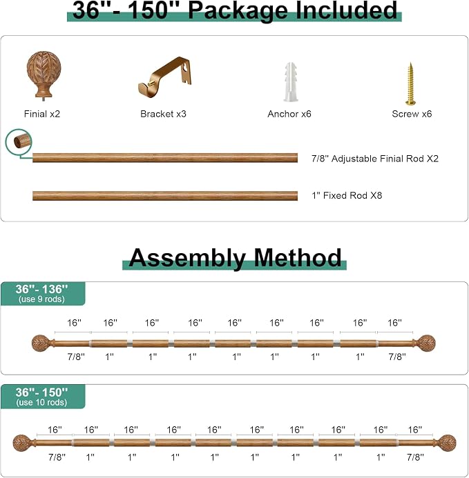 QDWIS Boho Wood Curtain Rods for Windows 72 to 144 inch, Rustic Decorative - Image 8