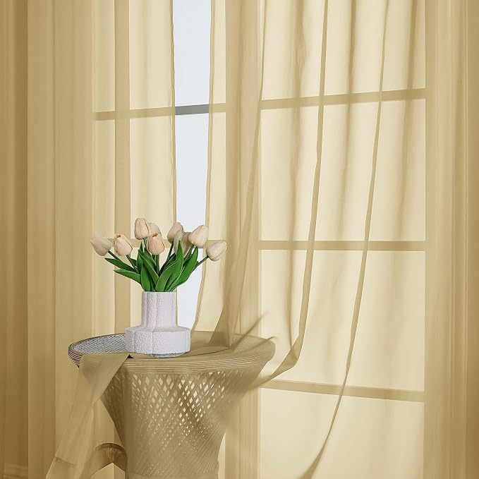 OWENIE Gold Sheer Curtain 90 Inches Long 2 Panels Set, Solid Filmy Drapes - Image 7