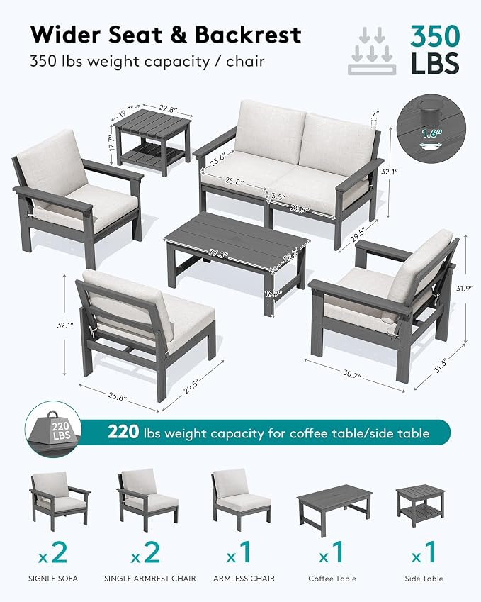 SERWALL HDPE Patio Furniture Set, 7-piece Outdoor Sectional Sofa Set, All - Image 2