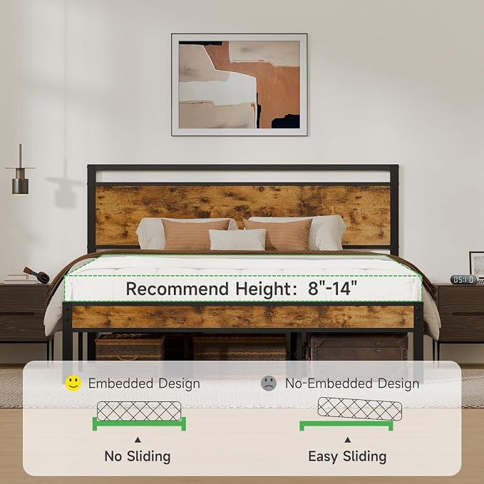 King Metal Bed Frame with Wooden Headboard and Footboard, Heavy Duty Platform - Image 8