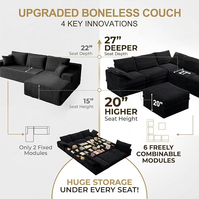 Upgrade Boneless Couch with Storage, Extra Deep&High Seat Modular Sectional - Image 6