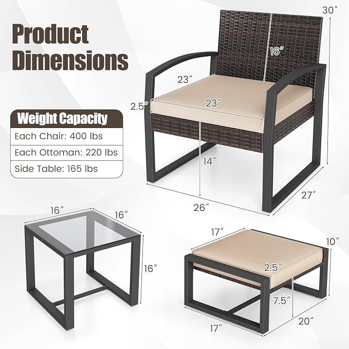 Tangkula 5 Pieces Wicker Patio Conversation Set, Outdoor PE Rattan Chair - Image 4