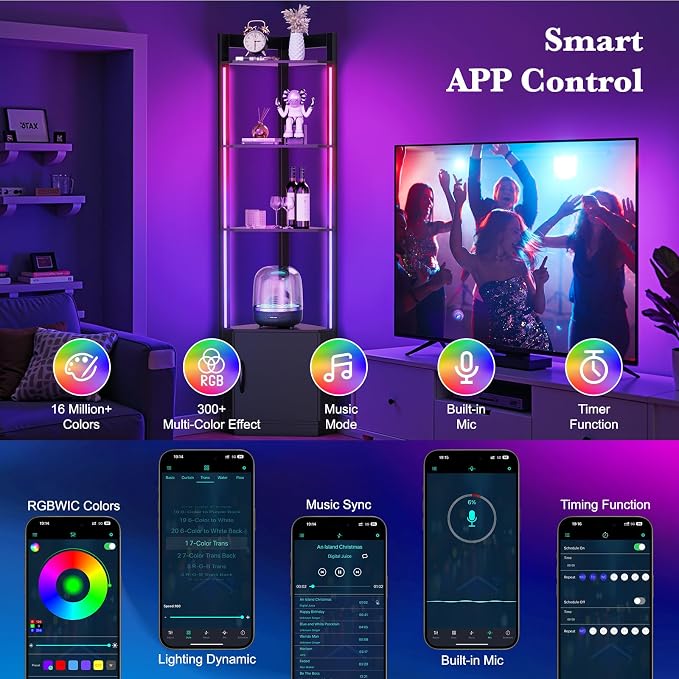 5-Tier Corner Shelf with RGB LED Light, Remote & APP Control, Adjustable - Image 9