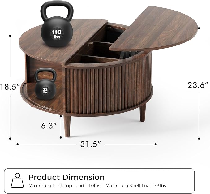 Round Coffee Table with Storage, Fluted Lift Top Coffee Table - Image 2