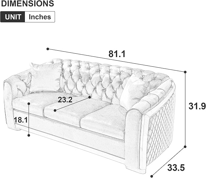 WinJoy 84 Inch Velvet Sofa Set for Living Room, 3 Seat Modern & Luxury - Image 2