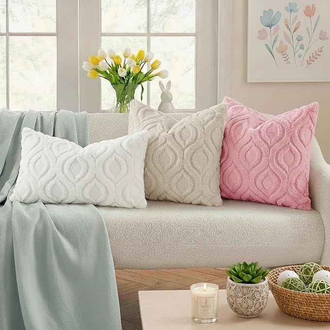 decorUhome Throw Pillow Covers 26x26 Inch Set of 2, Soft Plush Faux Wool Beige - Image 3