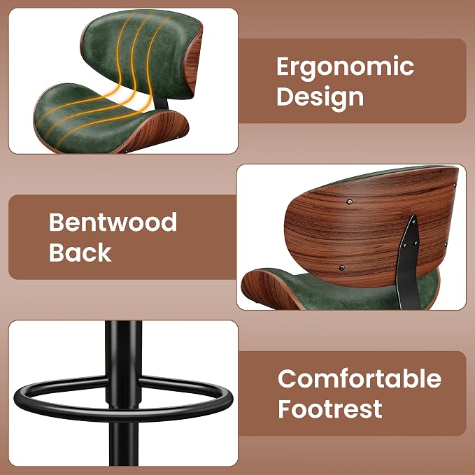 YaFiti Bar Stools Set of 4, Bentwood Adjustable Height Swivel Bar Stools - Image 4