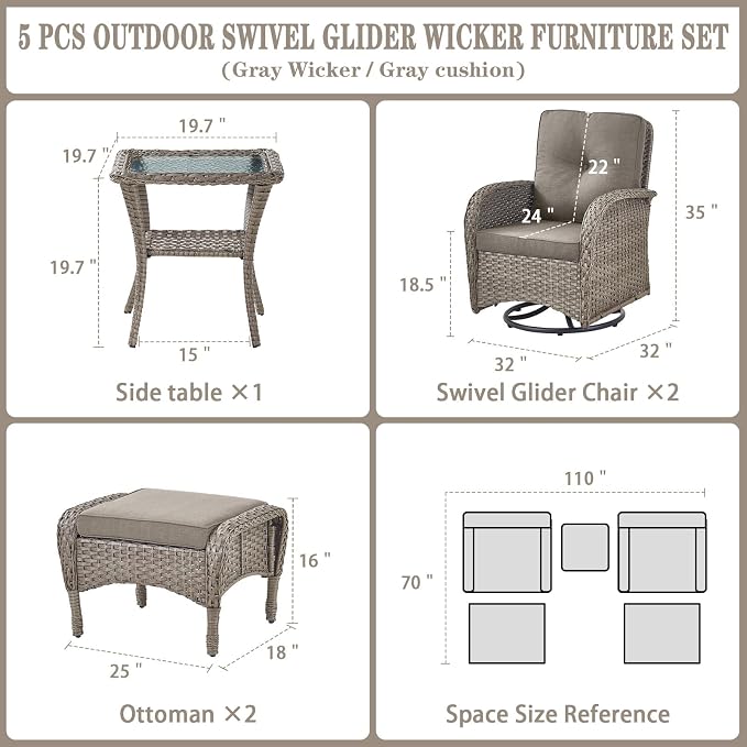 Belord 5 Piece Swivel Rocker Glider Outdoor Chairs Set of 2 - Image 2