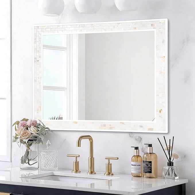 Tanmicoshomy 26 x 40 Inch Rectangle Bathroom Mirror, Natural Shell Framed - Image 4