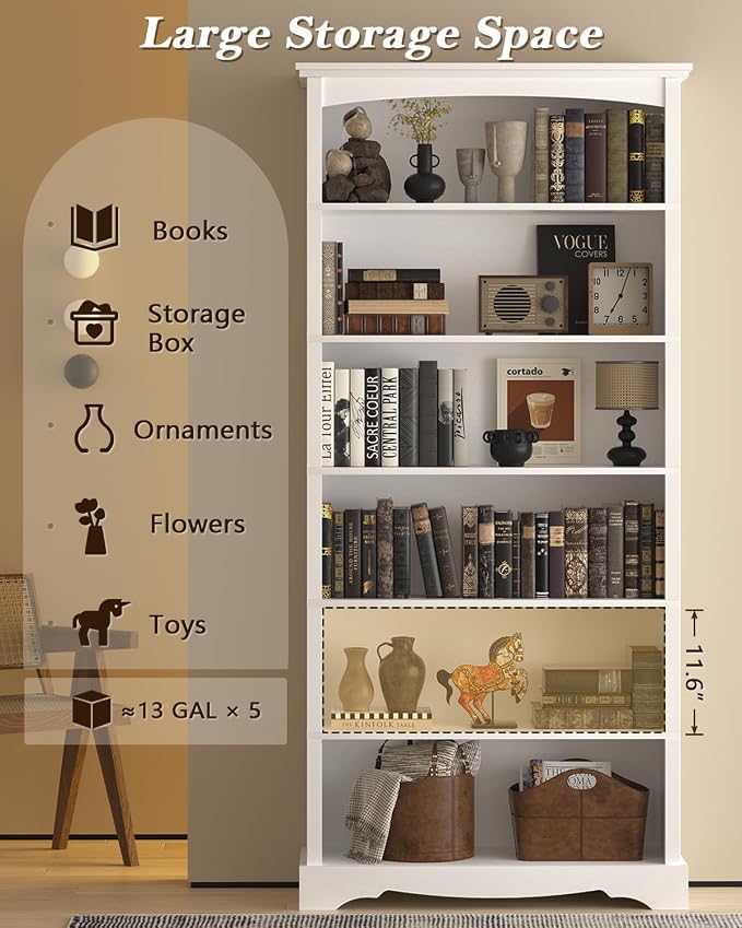 TVU 6-Tier Wooden Bookshelf, 76 Inch Tall Bookshelf - Image 4