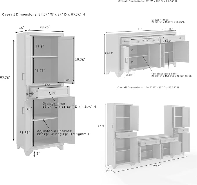 Crosley Furniture Tara 3-Piece Modern Farmhouse Sideboard Buffet Cabinet and - Image 3